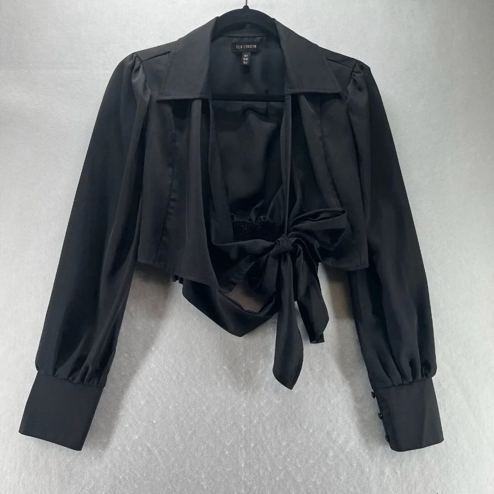QED London Blouse Womens Sz 4 Tie Knot Cropped Long Sleeve Back Shirred Black